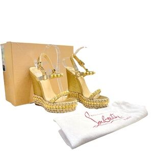 CHRISTIAN LOUBOUTIN Cataclou 140 Gold Stud Wedge Sandals EU 38 US 8 Espadrille